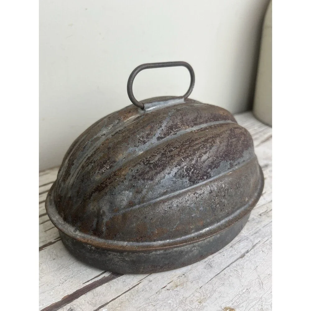 Vintage Oval Country Scalloped Serving Tray Dome, Mold, Dish W/Rust Worn Patina